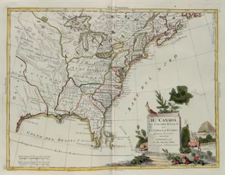 Kanada, de engelska kolonierna med Louisiana och Florida, gravyr av G. Zuliani hämtad från Tome I of the Newest Atlas publicerad i Venedig 1778 av Antonio Zatta, Privat samling