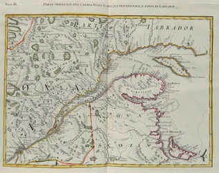 Östra delen av Kanada, norra Nova Scotia och en del av Labrador, gravyr av G. Zuliani hämtad från Tome I av "Newest Atlas" publicerad i Venedig 1778 av Antonio Zatta, Privat samling