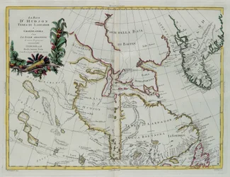 Hudson Bay, Land of Labrador och Grönland med de intilliggande öarna, gravyr av G. Zuliani hämtad från Tome I av "Newest Atlas" publicerad i Venedig 1778 av Antonio Zatta, Privat samling