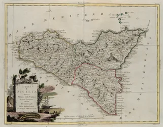 Ön Sicilien, uppdelad i dess dalar, gravyr av G. Zuliani hämtad från Tome II av den nyaste atlasen publicerad i Venedig 1782 av Antonio Zatta, Privat samling