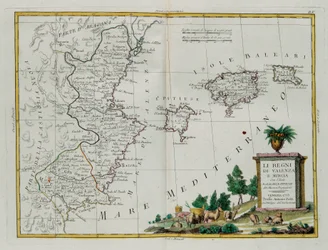 Kungadömena Valencia och Murcia med öarna Baleari och Pitiuse, gravyr av G. Zuliani hämtad från Tome I of the Newest Atlas publicerad i Venedig 1775 av Antonio Zatta, Privat samling