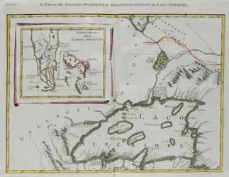 Land of the Ottawa and Kilistine Indians runt Lake Superior och ett tillägg av östra Florida, gravyr av G. Zuliani hämtad från Tome I av "Newest Atlas" publicerad i Venedig 1778 av Antonio Zatta, Private Collection