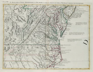 Maryland, södra New Jersey, Delaware och den östra delen av Virginia och North Carolina, gravyr av G. Zuliani hämtad från Tome I av "Newest Atlas" publicerad i Venedig 1778 av Antonio Zatta, Privat samling