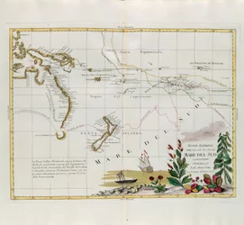 Nya upptäckter som gjordes 1775, 67 och 69 i Söderhavet, gravyr av G. Zuliani hämtad från Tome I of the Newest Atlas publicerad i Venedig 1776 av Antonio Zatta, Privat samling