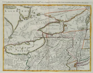 Pennsylvania, New York, södra New Jersey, med den västra delen av Connecticut, Massachusetts Bay och Land of the Iroquois, gravyr av G. Zuliani hämtad från Tome I av "Newest Atlas" publicerad i Venedig 1778 av Antonio Zatta, Privat samling