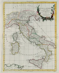 Politisk karta över Italien, graverad av G. Zuliani, hämtad från volym IV av "Novissimo Atlas" publicerad i Venedig 1785 av Antonio Zatta, Privat samling