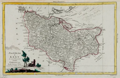 Provinsen Kent, gravyr av G. Zuliani hämtad från Tome I av "Newest Atlas" publicerad i Venedig 1779 av Antonio Zatta, Privat samling