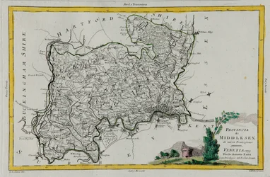 Provinsen Middlesex, gravyr av G. Zuliani hämtad från Tome I av "Newest Atlas" publicerad i Venedig 1779 av Antonio Zatta, Privat samling