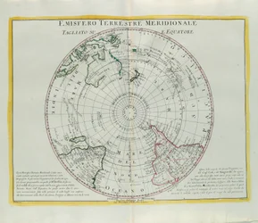 Jordens södra halvklot skuren vid ekvatorn, gravyr av G. Zuliani hämtad från Tome I of the Newest Atlas publicerad i Venedig 1779 av Antonio Zatta