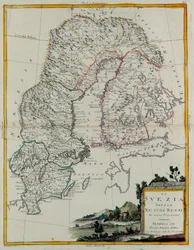 Sverige delat i sina kungadömen, gravyr av G. Zuliani hämtad från Tome III av "Nyaste Atlas" publicerad i Venedig 1781 av Antonio Zatta, Privat samling