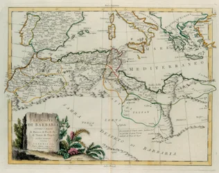 Barbary Coast eller kungadömena Marocko, Fez, Algeriet, Tunisien och Tripoli med omgivande länder, gravyr av G. Zuliani hämtad från Tome IV av "Newest Atlas" publicerad i Venedig 1784 av Antonio Zatta, Privat samling