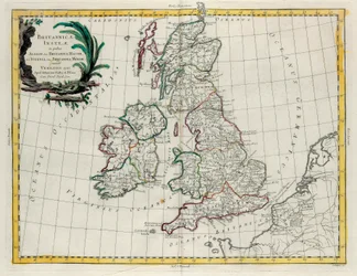 De brittiska öarna där finns Albion eller Greater Britain och Ivernia eller Lesser Britain, gravyr av G. Zuliani hämtad från Tome I of the Newest Atlas publicerad i Venedig 1785 av Antonio Zatta