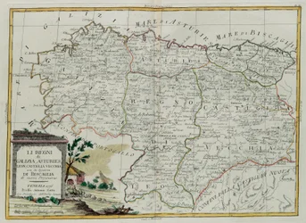 Kungadömena Galicien, Asturies, Leon, Castilla Vieja med rådet av Biscallia, gravyr av G. Zuliani hämtad från Tome I av den nyaste atlasen publicerad i Venedig 1776 av Antonio Zatta, Priva