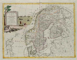 Konungariket Sverige, Danmark och Norge, gravyr av G. Zuliani hämtad från Tome III i "Nyaste Atlas" publicerad i Venedig 1781 av Antonio Zatta, Privat samling