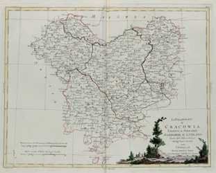 Pfalzerna i Krakov, Lekzyca, Sieradz, Sandomir och Lublin, gravyr av G. Zuliani hämtad från Tome III i "Nyaste Atlas" publicerad i Venedig 1781 av Antonio Zatta, Privatsamling