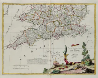 Den södra delen av England och Principate of Wales, gravyr av G. Zuliani hämtad från Tome I of the Newest Atlas publicerad i Venedig 1778 av Antonio Zatta, Privat samling