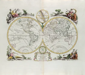 Världskarta och en allmän beskrivning av jordklotet, gravyr av G. Zuliani hämtad från Tome I of the Newest Atlas publicerad i Venedig 1774 av Antonio Zatta