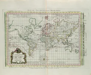 Världskarta och en allmän beskrivning av jordklotet, reducerad till en bild, gravyr av G. Zuliani hämtad från Tome I av "Newest Atlas" publicerad i Venedig 1774 av Antonio Zatta