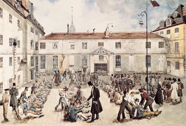 ""Fångarna i Bicetre-fängelset är fastkedjade på gården"" Akvarell av Gabriel Cloquemin (slutet av 1700-talet, början av 1800-talet) Paris Musée Carnavalet