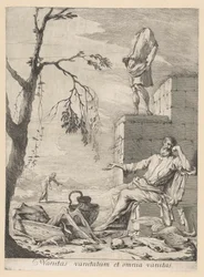 Sörjande filosof omgiven av vanitas symbolik
