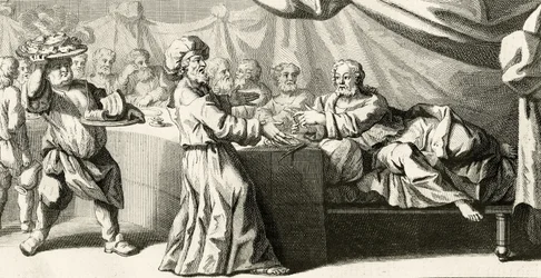 Jesus bjöd in till middag med fariséen, illustration från Lukasevangeliet, kapitel 11:37, 1728