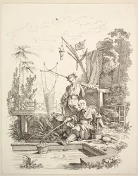 En kinesisk man och kvinna som fiskar vid en fiskdamm, 1700-talet.