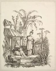 En sittande kinesisk man och en kvinna som bär en fisk, ca. 1742.