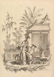 Chinoiseriescen med figurer i ett landskap, 1700-tal.