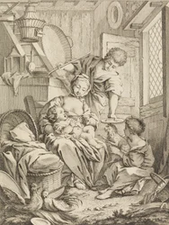 Plåt 1: Ung kvinna som matar sitt spädbarn, från Premier Livre de Subjects et Pastorales Fi..., 1720-72.