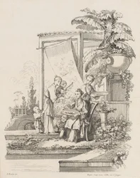 Sittande kvinna med barn och tjänare, ca. 1738-45.
