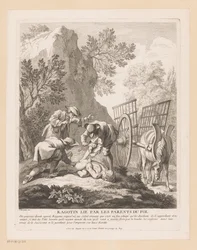 Sovande ragotin bundet och kidnappat Ragotin lié par les föräldrar du fol (titel på objekt) Scener från Scarrons Roman Comique (serietitel)