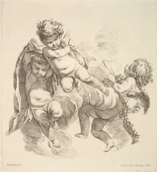 Tre barn bland moln som bär ett draperi, 1738-45.