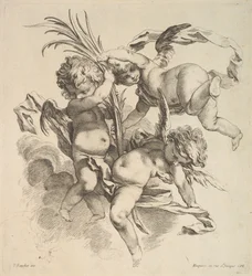 Tre barn bland moln nära ett palmblad, 1738-45.