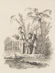 Två kvinnor som leder ett barn mot en tekanna på ett bord nära en damm, ca. 1742.
