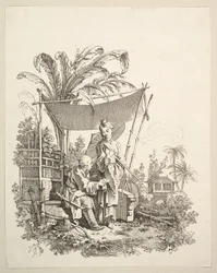 Kvinna som visar kuriosa för soldat, ca. 1742.
