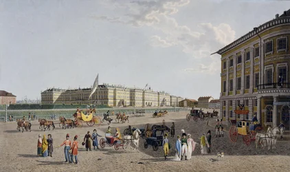 Utsikt över Palace Square från Nevsky Prospekt, 1804