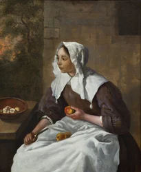 Flicka som skalar äpplen (olja på pannå)