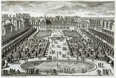 Utsikt över Parc du Palais Royal i Paris. Gravyr av Perelle, slutet av 1600-talet.