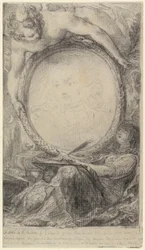 Allegorisk ram med ett geni och en beslöjad kvinna som skriver, ca 1769 (svart krita på papper)