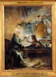 Le Reve ou Voltaire (1694-1778) komponerar Pigan”””” Målning av Gabriel Jacques de Saint Aubin (1724-1780) Sön. 0,32x0,24 m