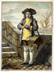 Gamla metier: skoputsaren eller skoputsaren. Gravyr av Gabriel de Saint Aubin (1724-1780) Paris musee Carnavalet från 1700-talet