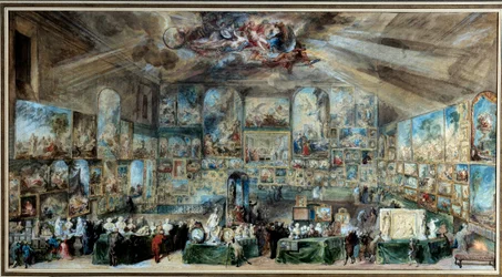 Amatörens arbetsrum. Antikhandlarens salong eller kuriosakabinett. 1767. Akvarell av Gabriel de Saint-Aubin (1724-1780), 1767. Rouen, Konstmuseet