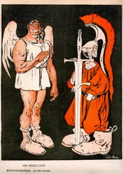Krig och fred. Allegorie (tecknad) av Gabriele Galantara (1867-1937) på sista omslaget till den franska satirtidningen "" L