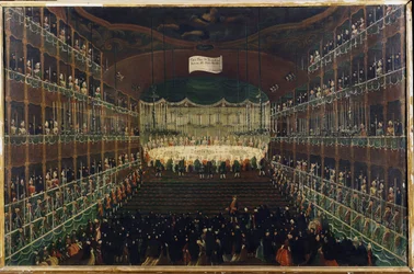 En måltid på San Benedetto-teatern - "" Mottagning för att hedra Nordens furstar"" Bankett som samlar ambassadörer. Målning av Gabriel Bella (1730-1799) 1700-talets Venedig, Galleria Fondazione Querini Stampalia
