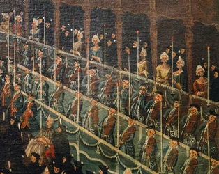 Musiker, detalj från Lunch på San Benito-teatern som erbjuds av Doge för att hedra furstarna i norr, Venedig, av Gabriel Bella (1730-1799), Olja på duk