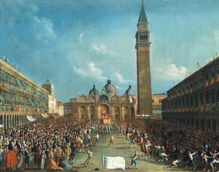 Dogen bärs triumferande och sprider pengar på Piazza San Marco (Markusplatsen)