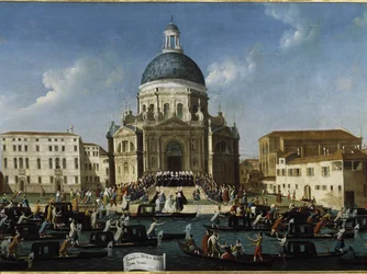 Bröllopet av en adlig dam i Santa Maria della Salute (Marriage of a noble lady in Venedig i Santa Maria della Salute) - Målning av Gabriele Bella (ca 1730-1799), 94x148 cm. Venedig, Querini Stampalia Foundation