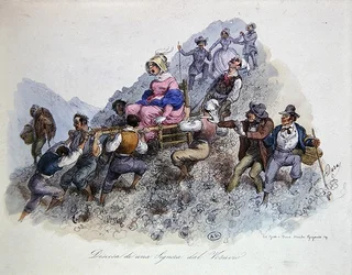 En turist på väg ner från Vesuvius, ca 1830 (färg litho)