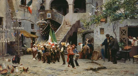 Länge leve kungen, procession av barn med italiensk flagg