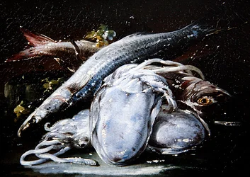 Bläckfisk, grå mulle och röd mulle vilande på en stenavsats (olja på duk)